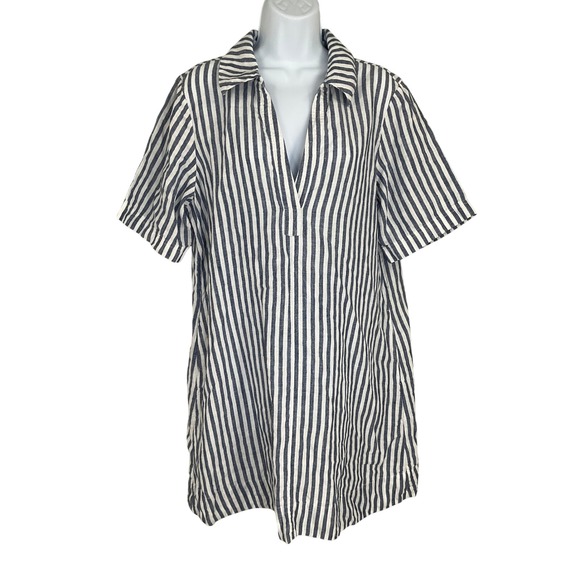 J.Crew Dresses & Skirts - J.Crew Shift Dress Womens M Blue White 100% Linen Striped V-Neck Coastal Resort